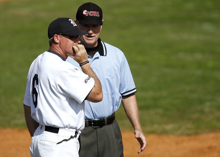 Baseball coaches discussing on the field, illustrating the difference between sports and professional coaching roles.