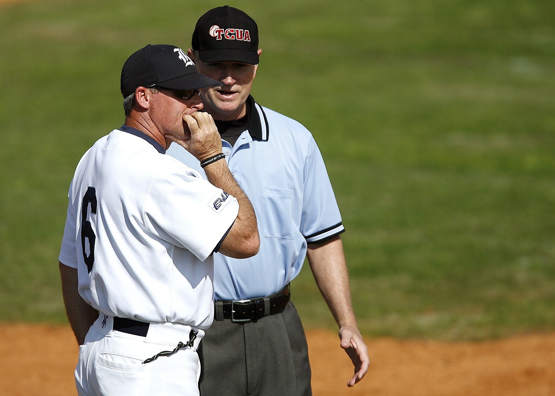 Baseball coaches discussing on the field, illustrating the difference between sports and professional coaching roles.