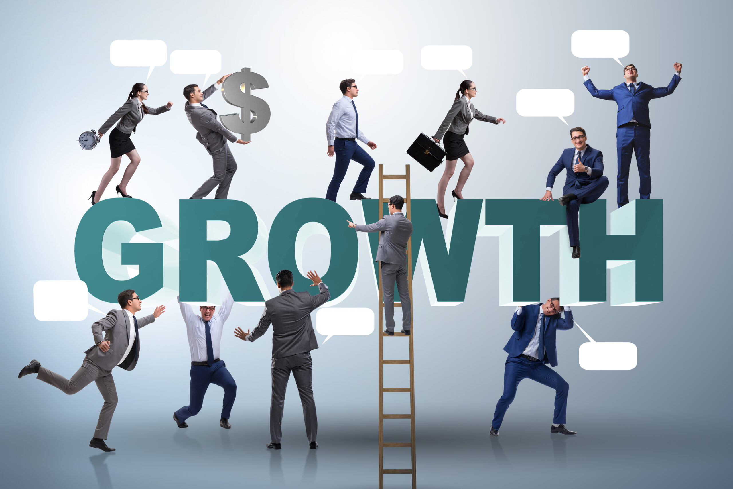 Business professionals navigating different challenges while climbing around the word “growth,” symbolising the complexity of sales performance, leadership development, and capability building.